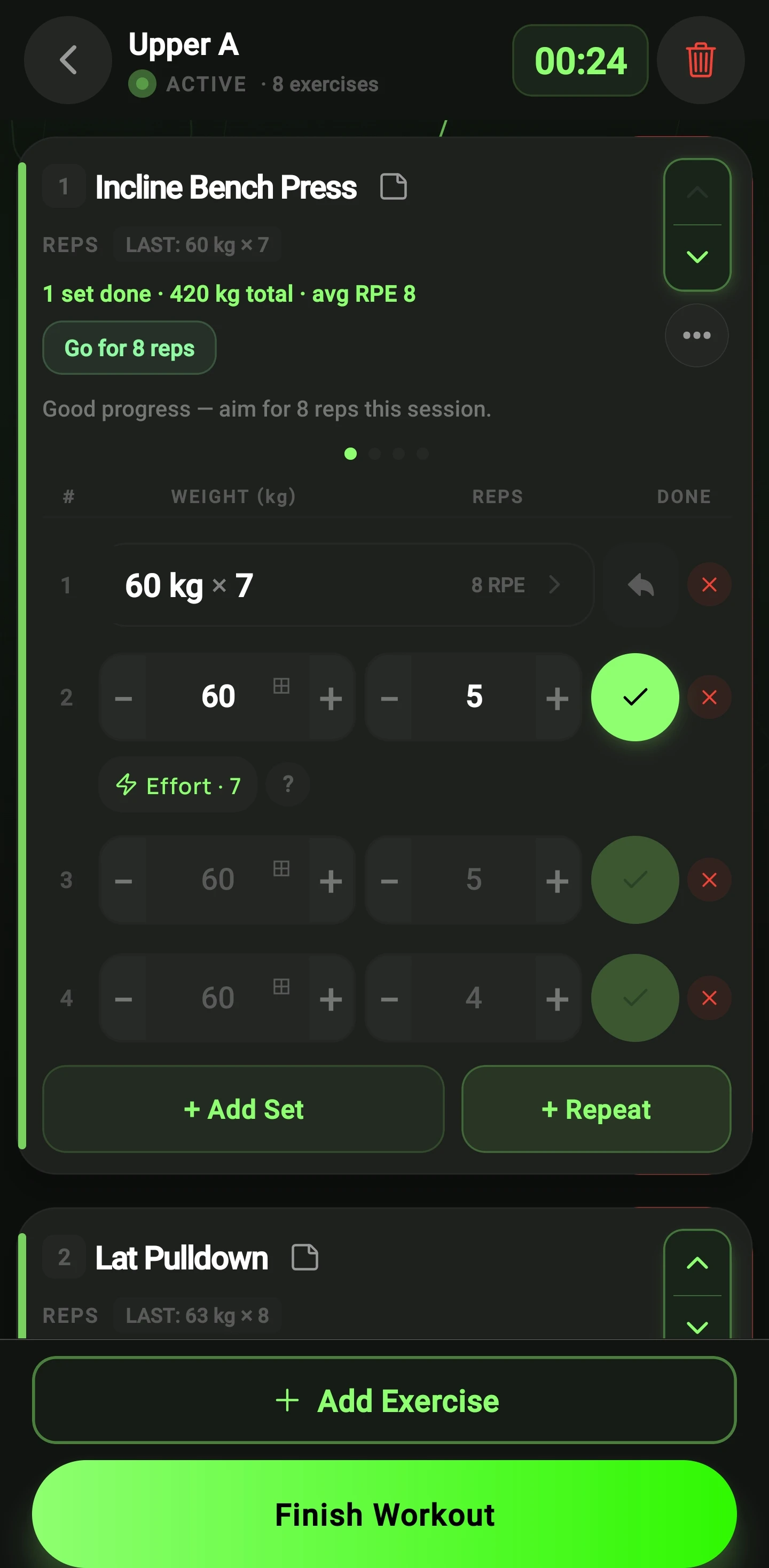 SweatStreak active session screen with a one-tap repeat-last-set button
