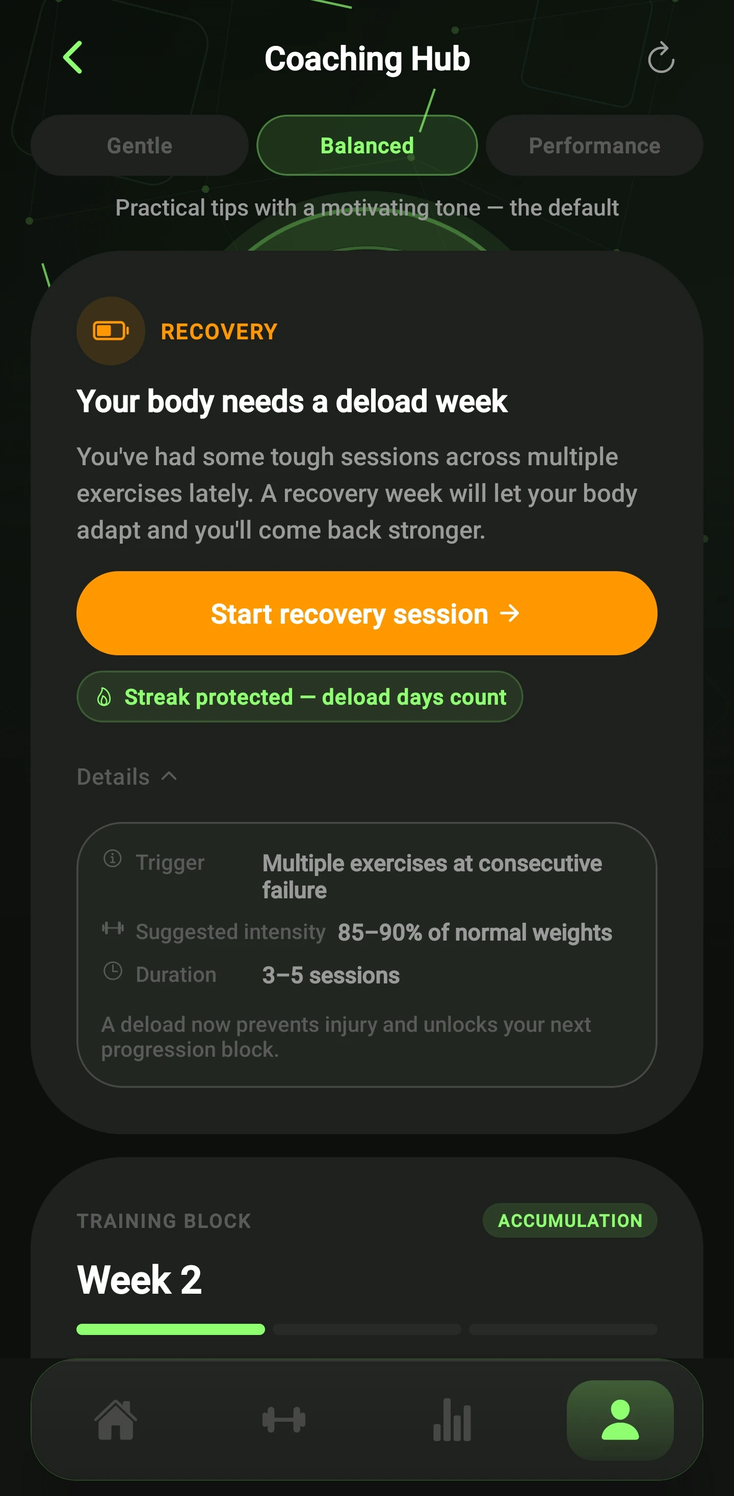 Coaching Hub — deload recommendation expanded: trigger, suggested intensity, duration