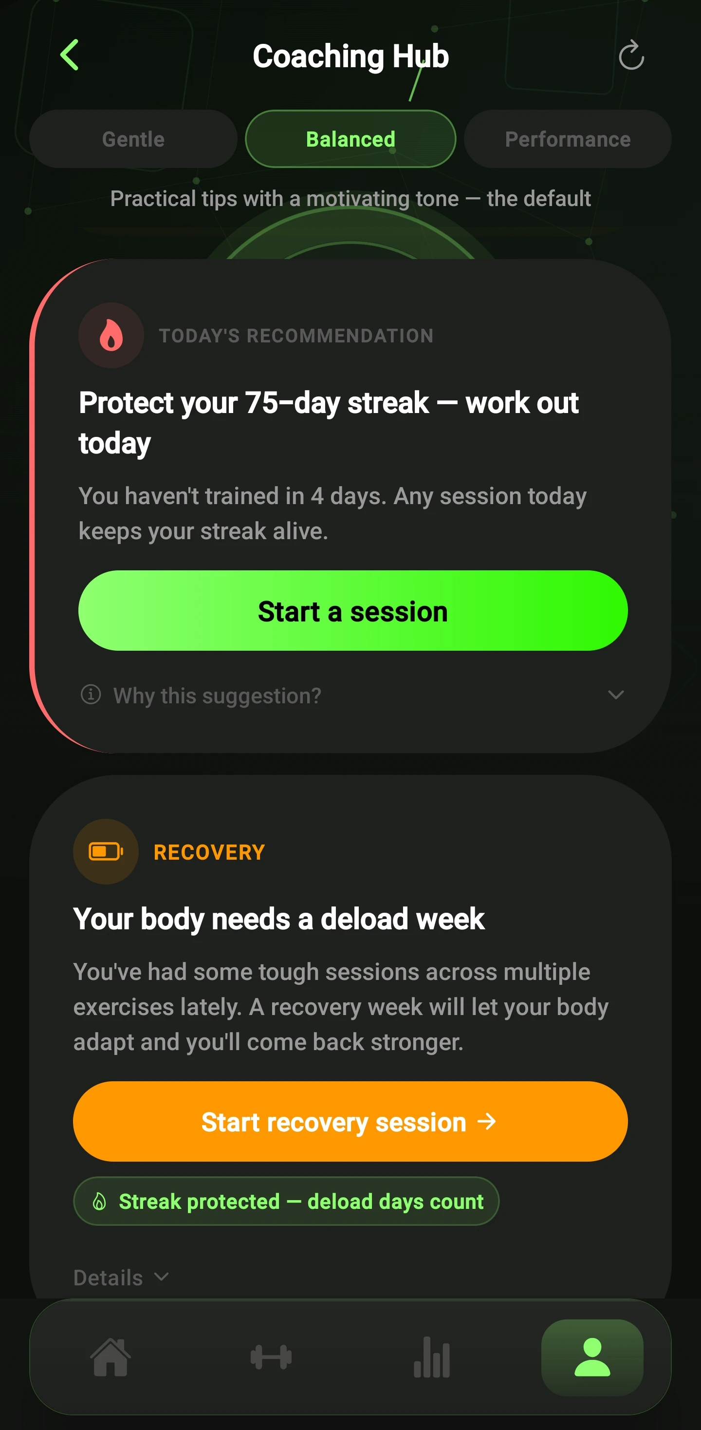 Coaching Hub — recovery session recommendation