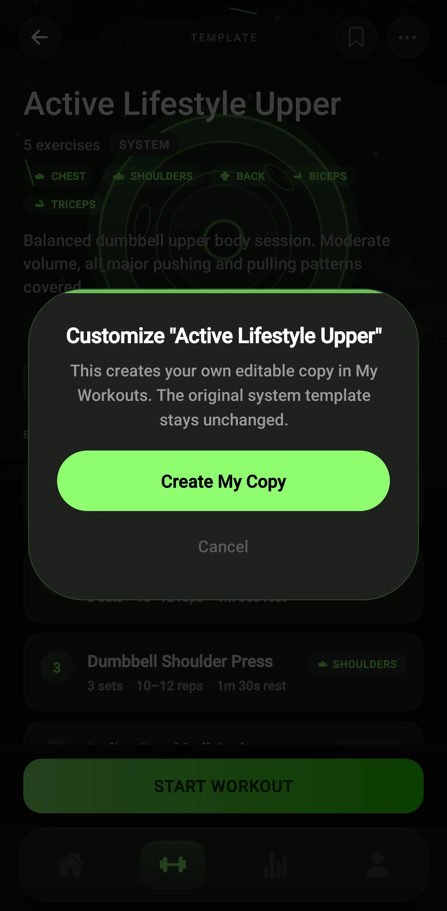 Customize "Active Lifestyle Upper" dialog — creates an editable copy in My Workouts, original system template stays unchanged