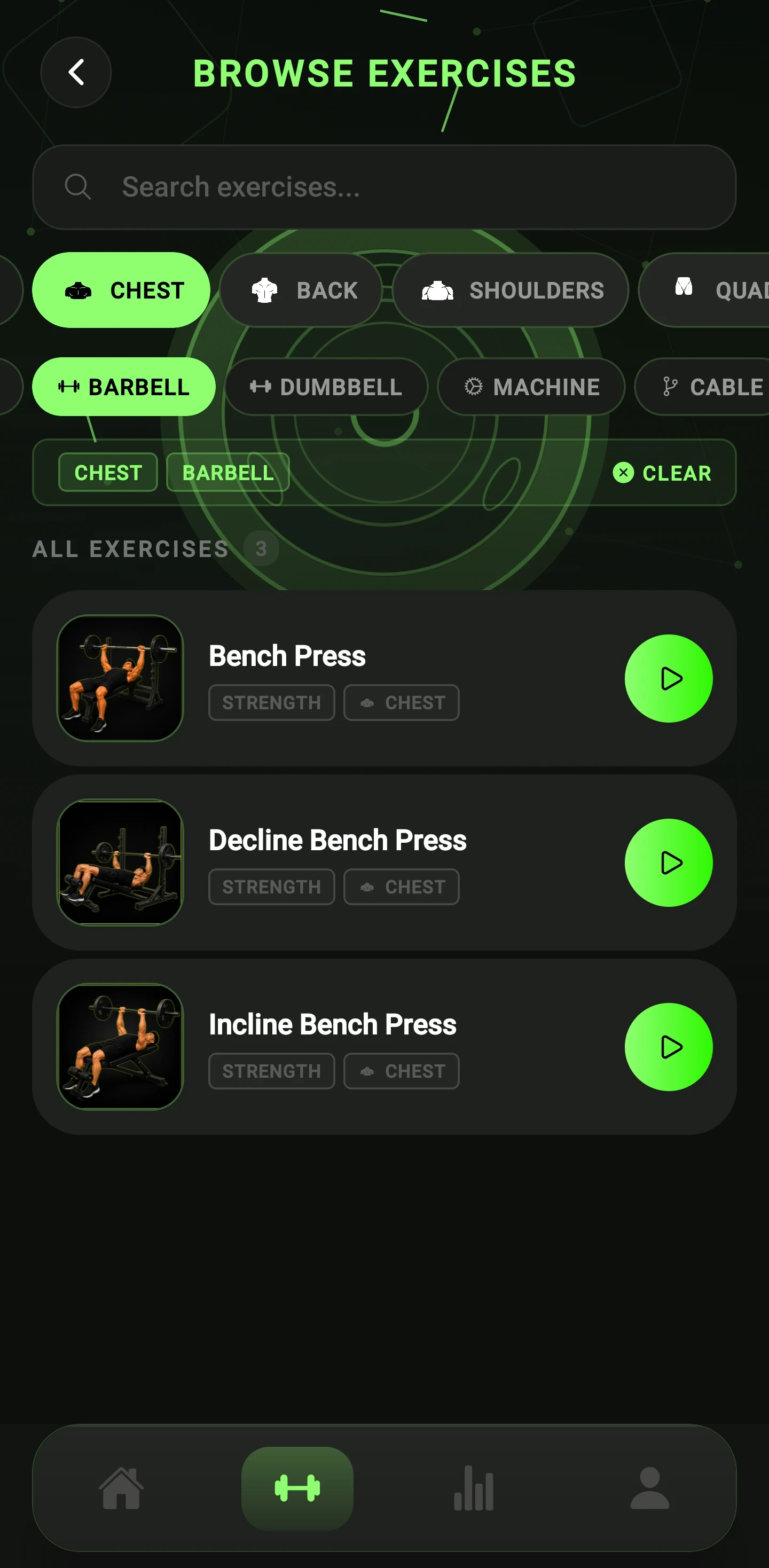 Browse Exercises — Chest + Barbell filters applied, 3 results including Bench Press, Decline Bench Press, Incline Bench Press