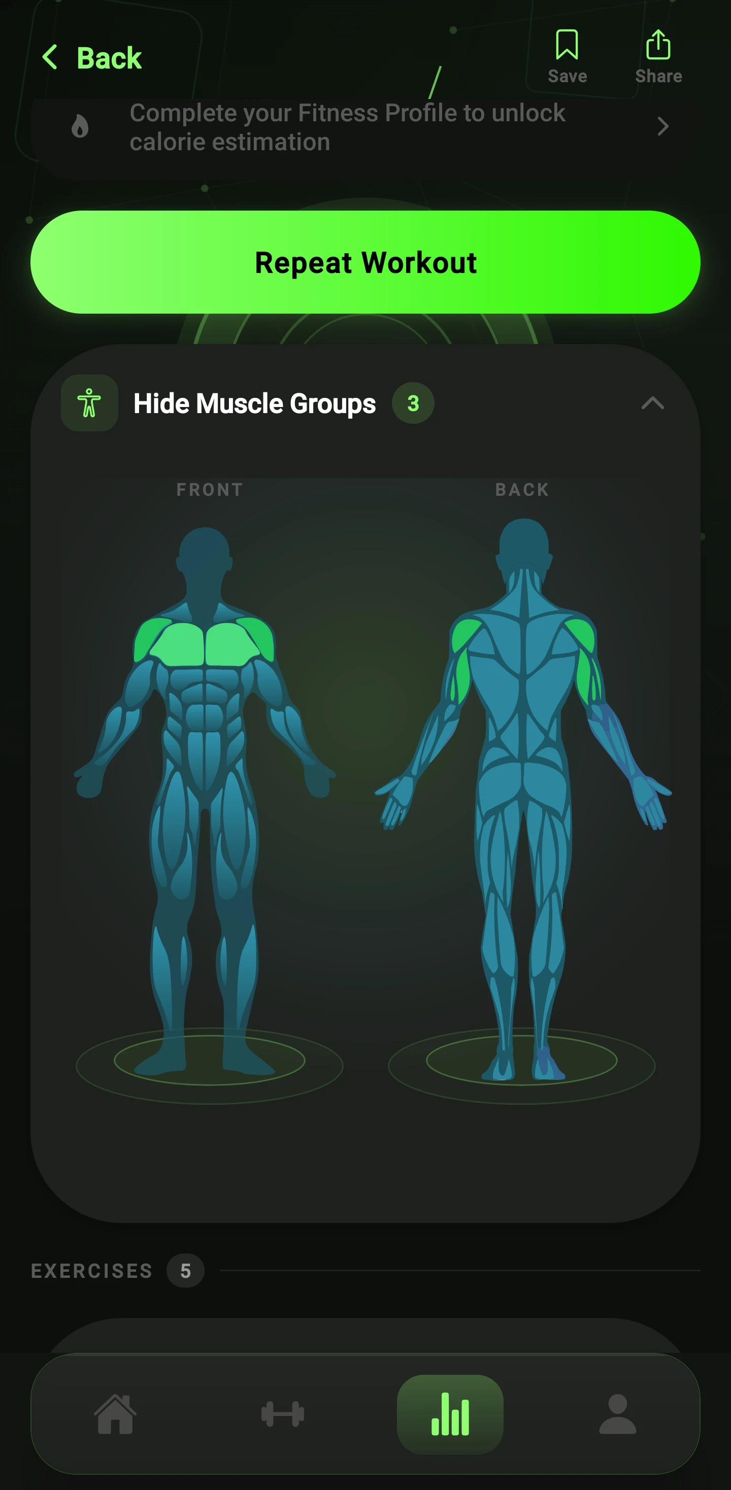 Muscle Map — front and back anatomical view, trained muscles highlighted