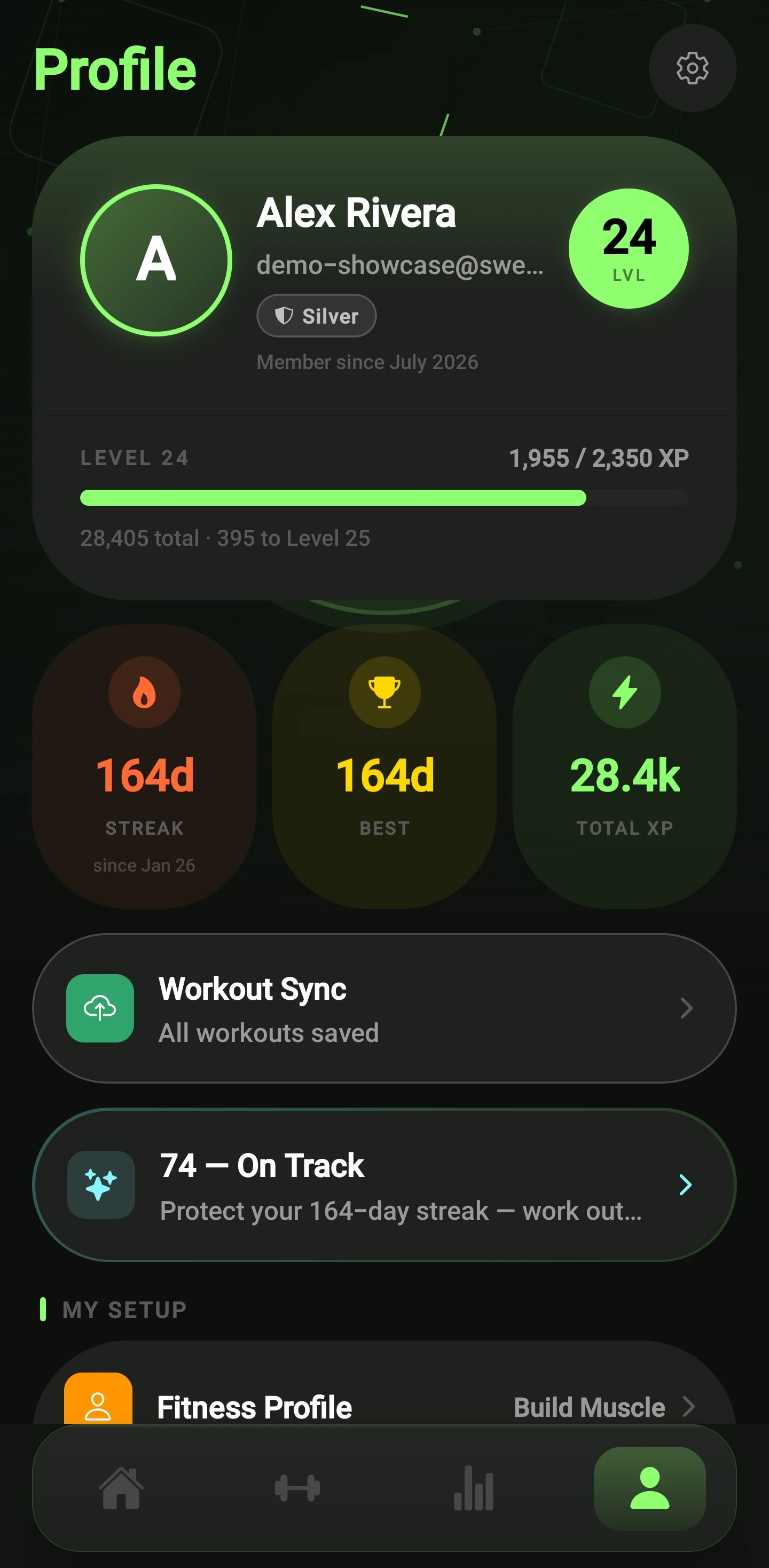 Profile — Level 24, 164 day streak, coaching summary