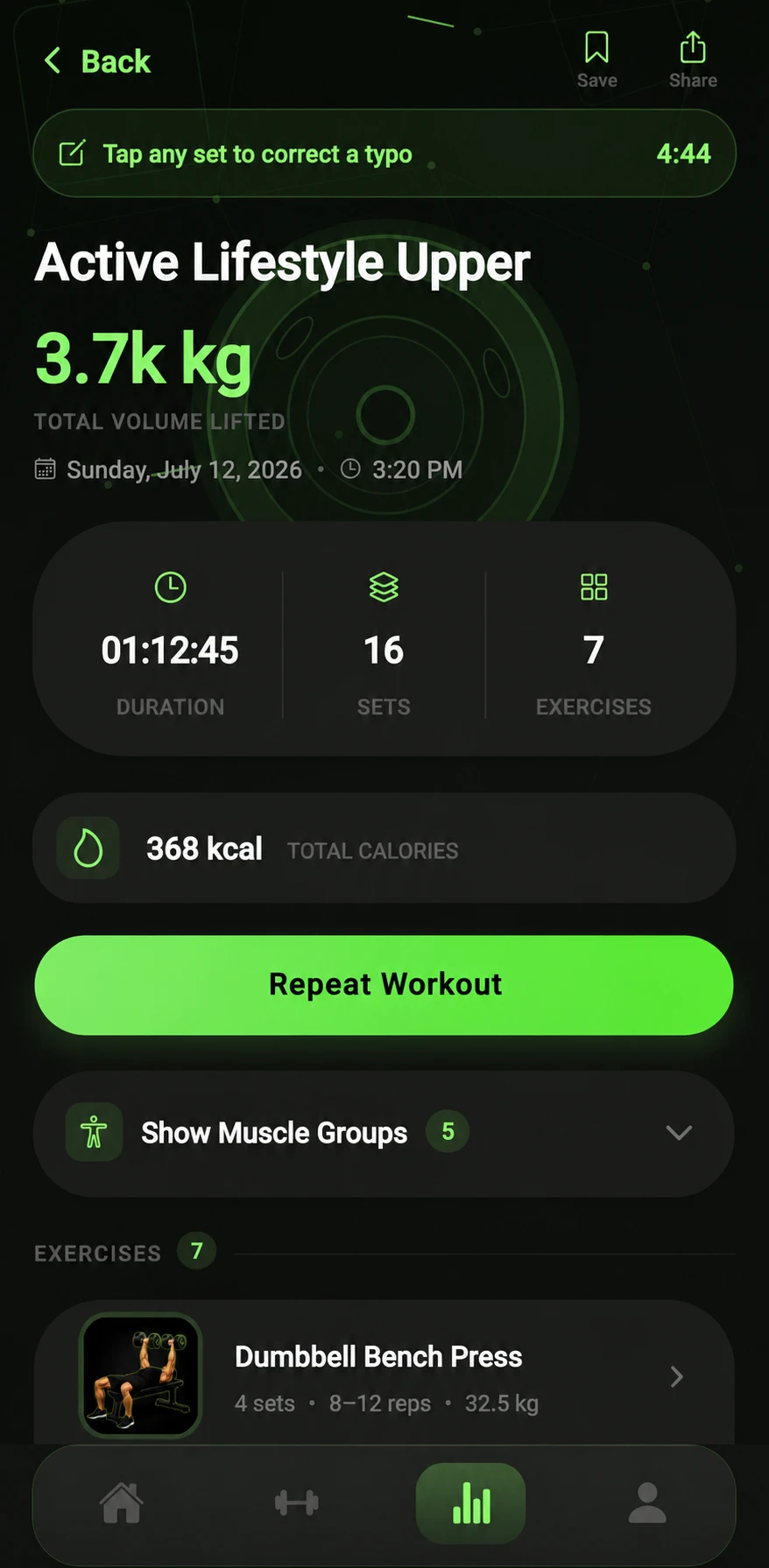 Past session detail — edit window countdown, tap any set to correct a typo, Repeat Workout button